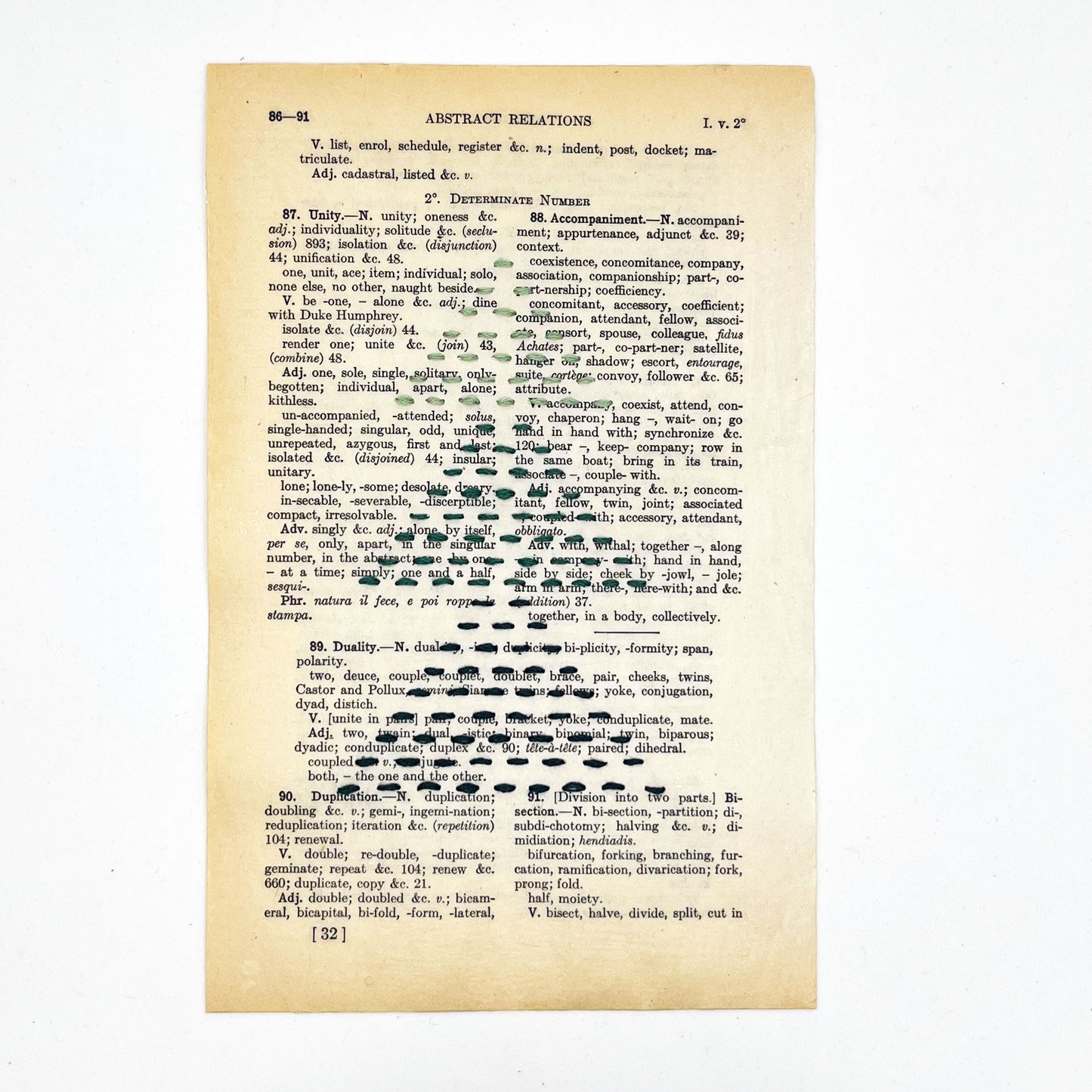 a vintage thesaurus page, embroidered with the shape of a Christmas tree made from running stitches in shades of pine green thread, grouped in three triangles to form the tree shape, on a white background