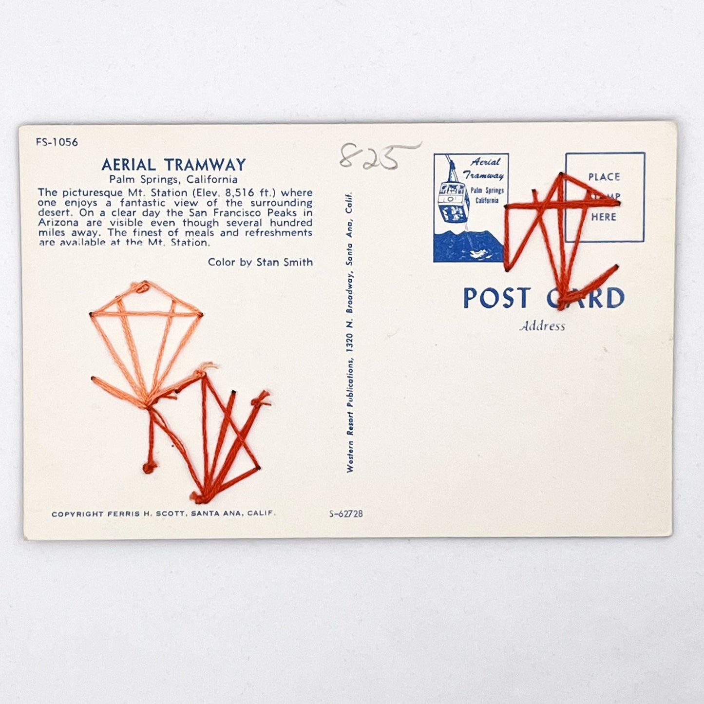 an old postcard of the Palm Springs Aerial Tramway, with coral hand embroidered art deco hexagons randomly placed on it