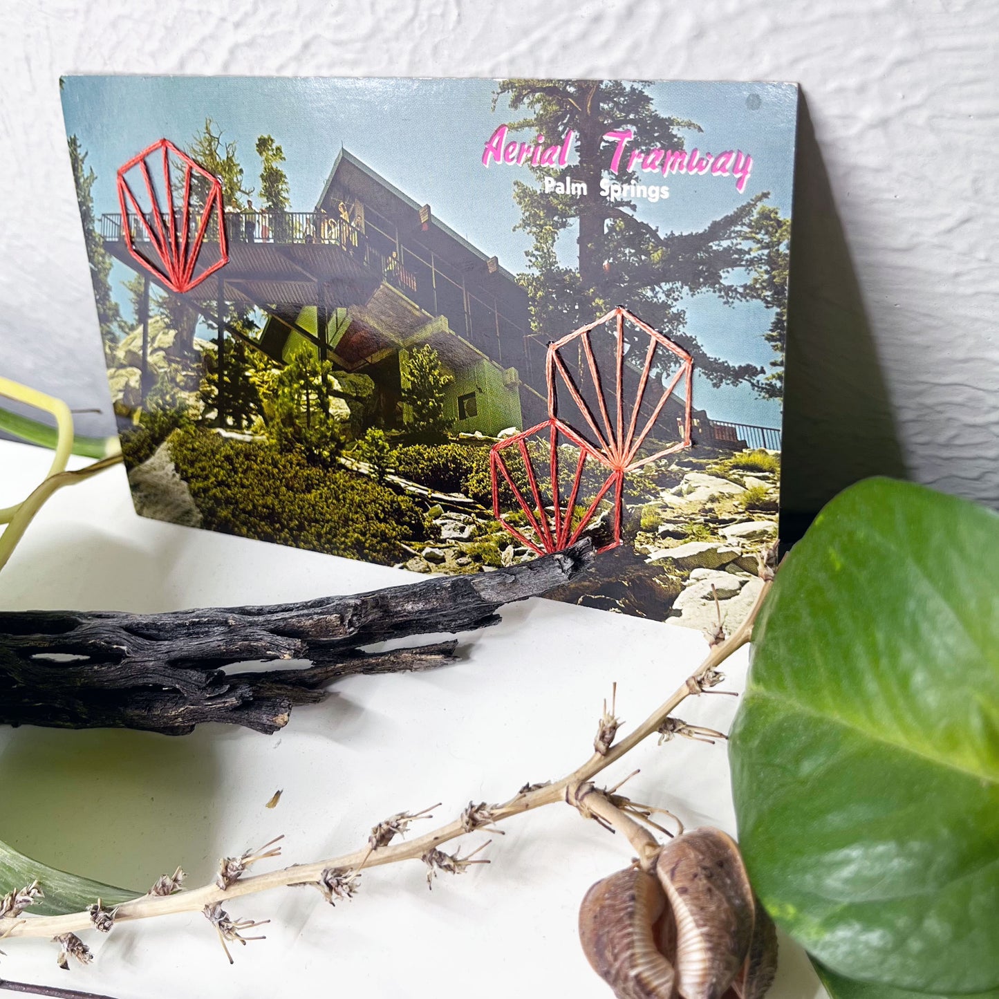 an old postcard of the Palm Springs Aerial Tramway, with coral hand embroidered art deco hexagons randomly placed on it, it is sitting on a dresser with a plant vine behind it and sticks in front of it