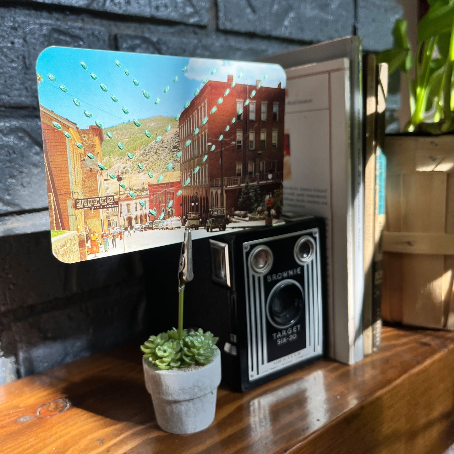 a vintage postcard of a small mountain town in Colorado, hand stitched with four rows of chevrons in aqua floss, in a clip holder that looks like a mini pot of succulents, on a fireplace mantle next to an old camera and a few books
