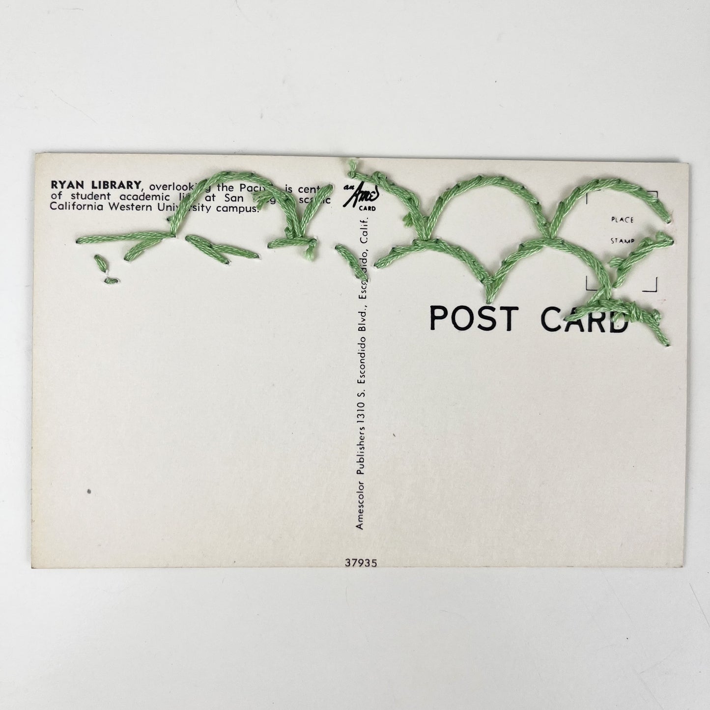 backside of a hand stitched postcard