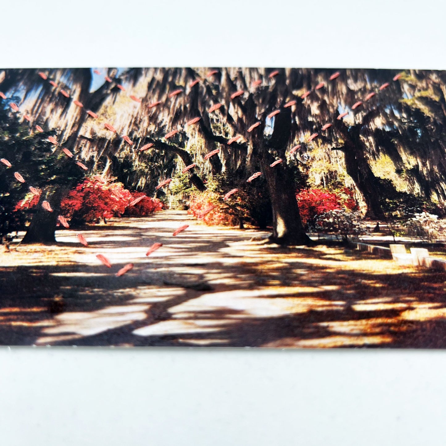 a vintage postcard of moss covered trees in Savannah Georgia, stitched over in 4 chevron lines in peach floss