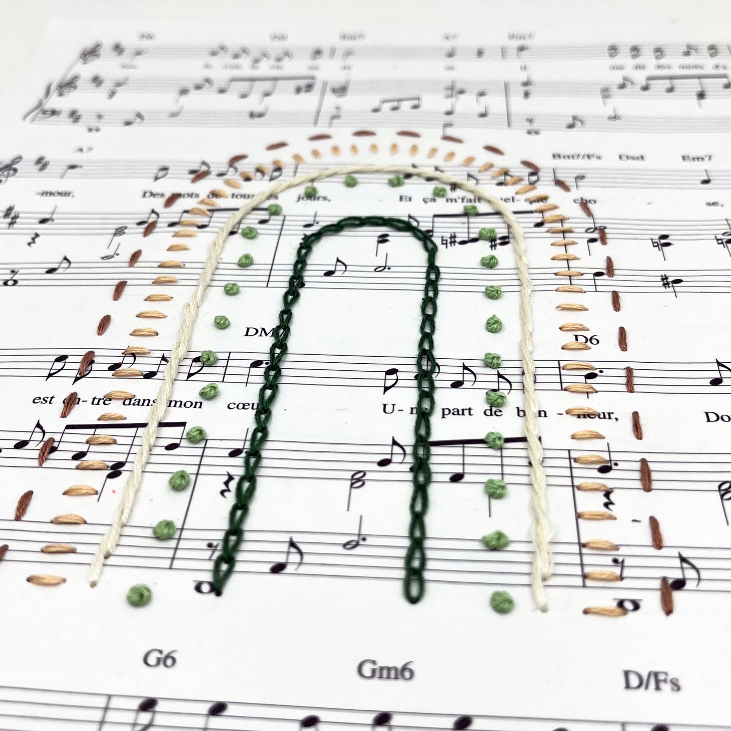 Wall Hanging- "La Vie en rose" Sheet Music with Hand Embroidered Rainbow
