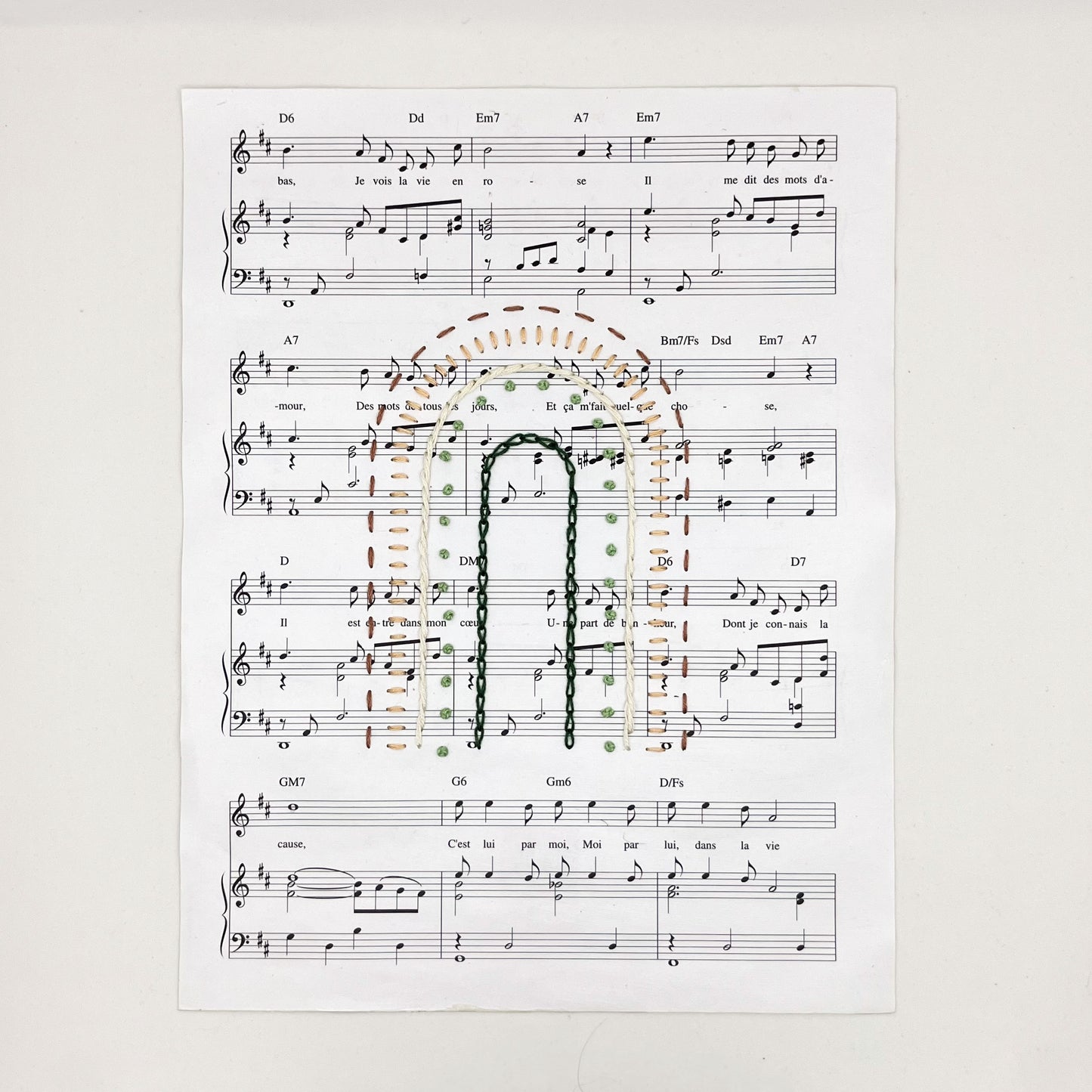 Wall Hanging- "La Vie en rose" Sheet Music with Hand Embroidered Rainbow