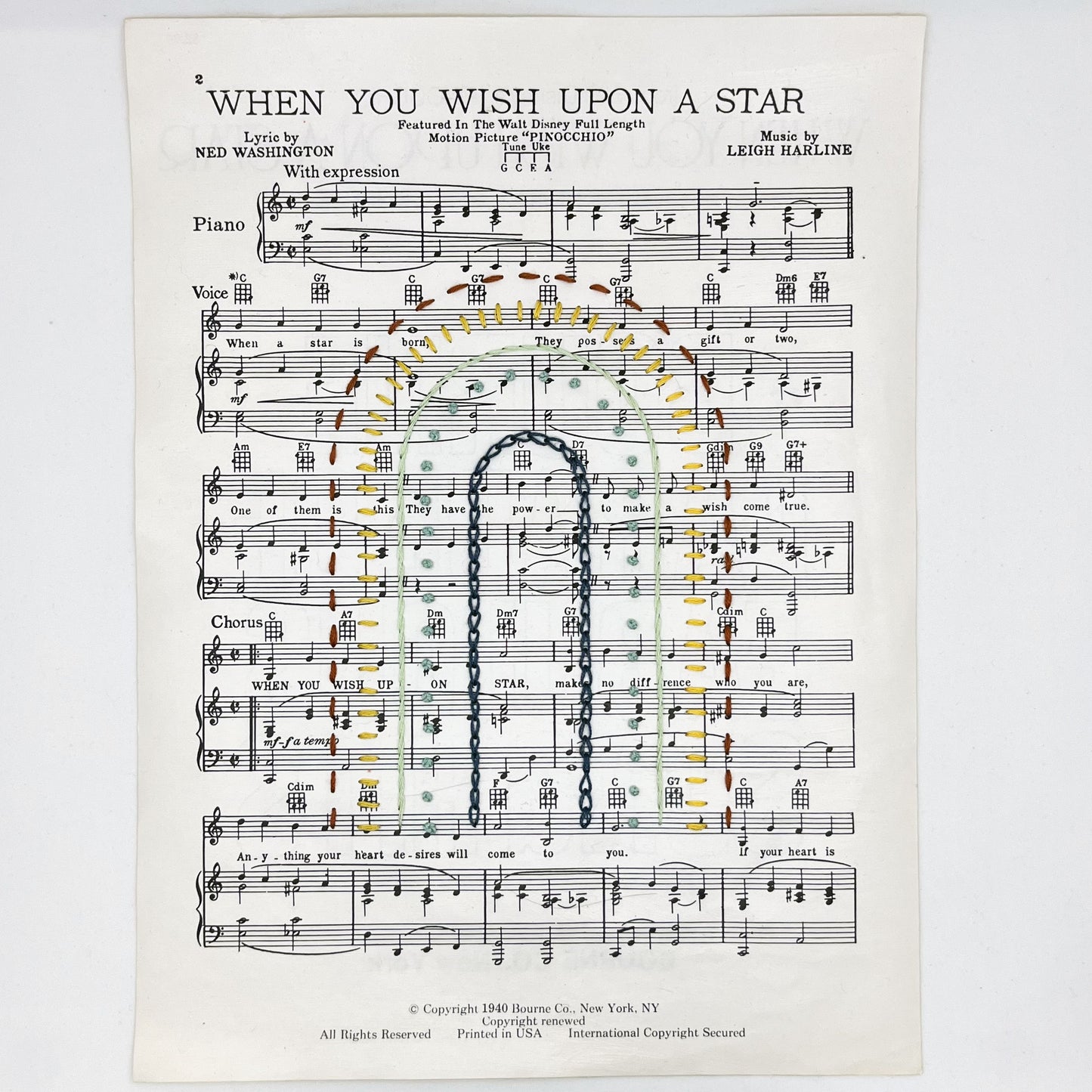 Wall Hanging- "When You Wish Upon a Star" Sheet Music with Hand Embroidered Rainbow
