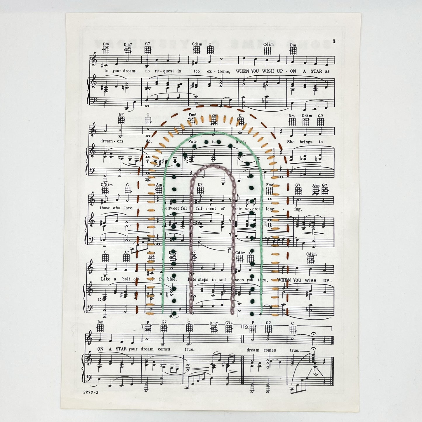 Wall Hanging- "When You Wish Upon a Star" Sheet Music with Hand Embroidered Rainbow
