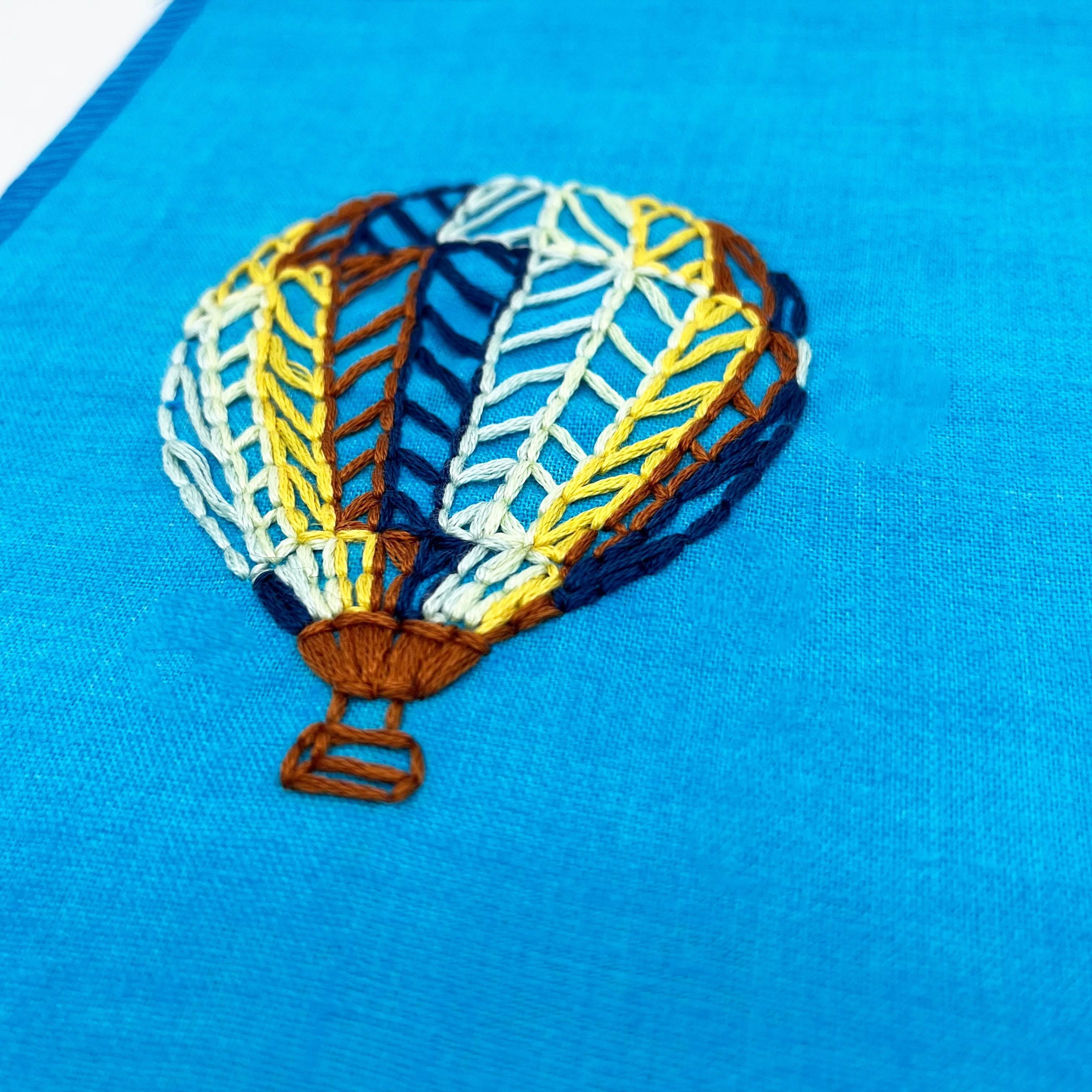 Wall Hanging- Hand Embroidered Hot Air Balloon on Bright Blue