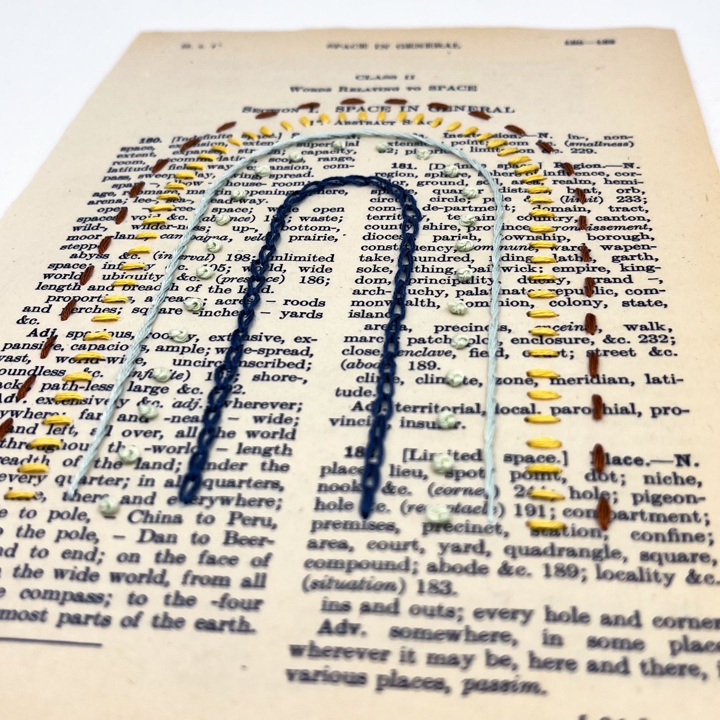 a close up angled view of a vintage book page, embroidered with a rainbow in different types of embroidery stitches, on a white background