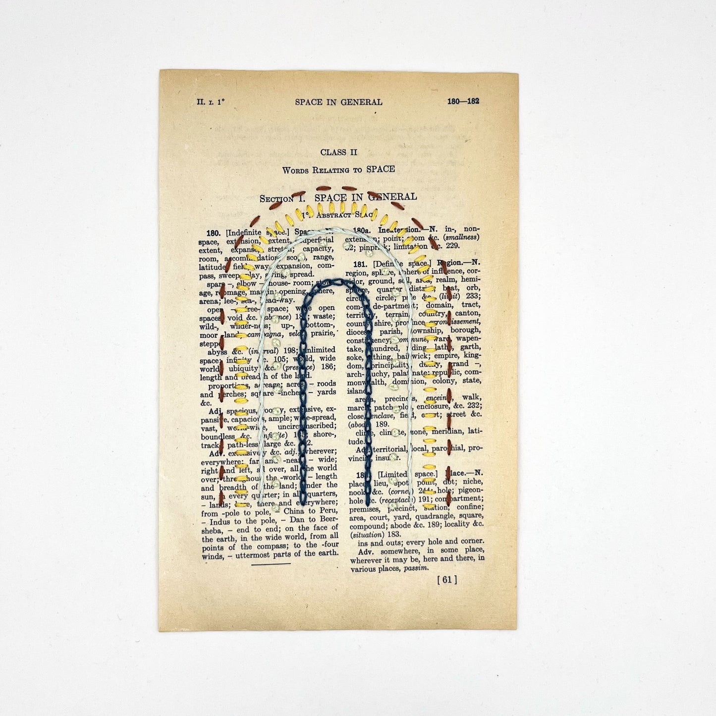 a vintage book page, embroidered with a rainbow in different types of embroidery stitches, on a white background