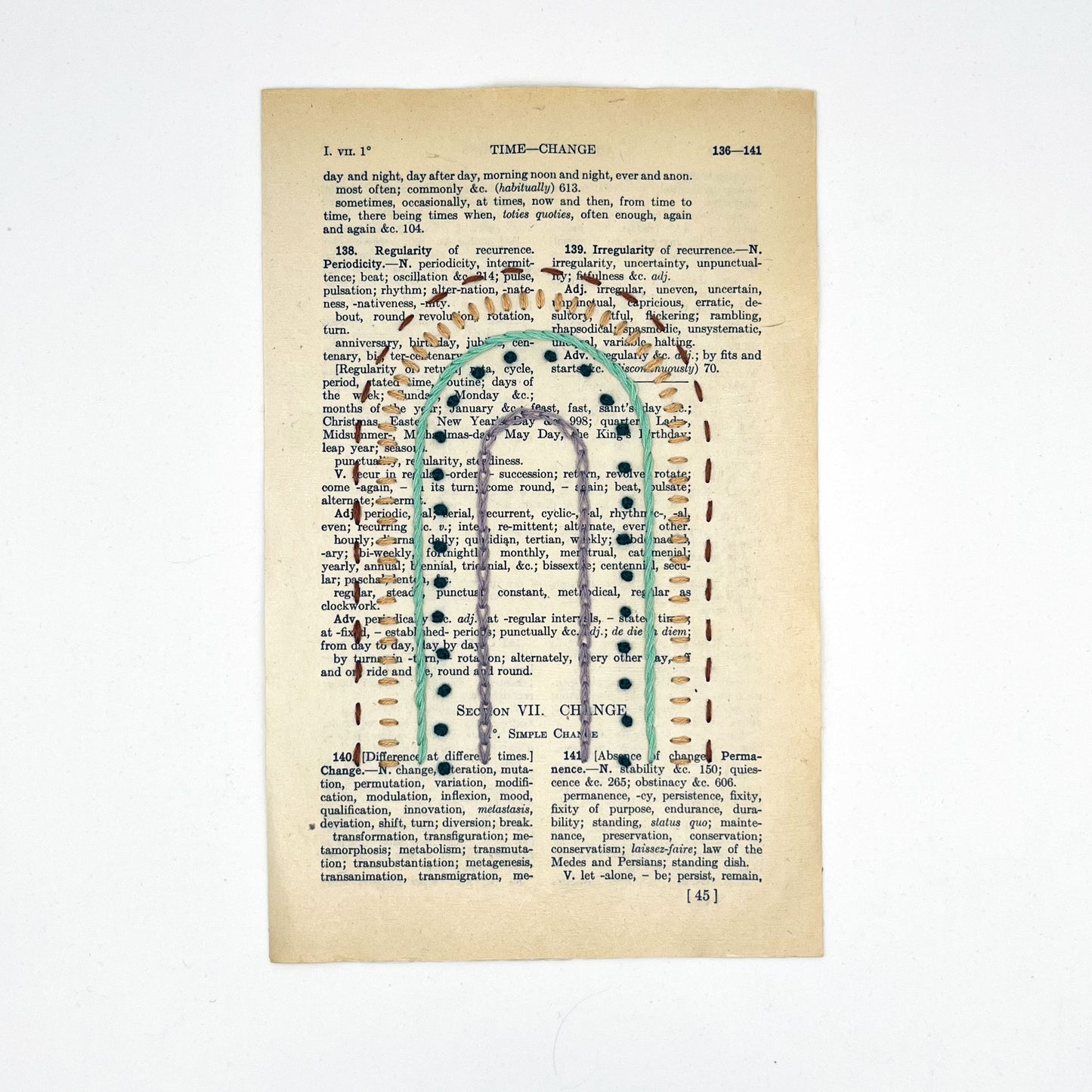a vintage book page, embroidered with a rainbow in different types of embroidery stitches, on a white background
