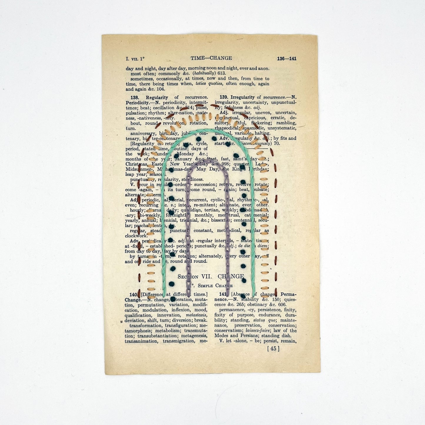a vintage book page, embroidered with a rainbow in different types of embroidery stitches, on a white background