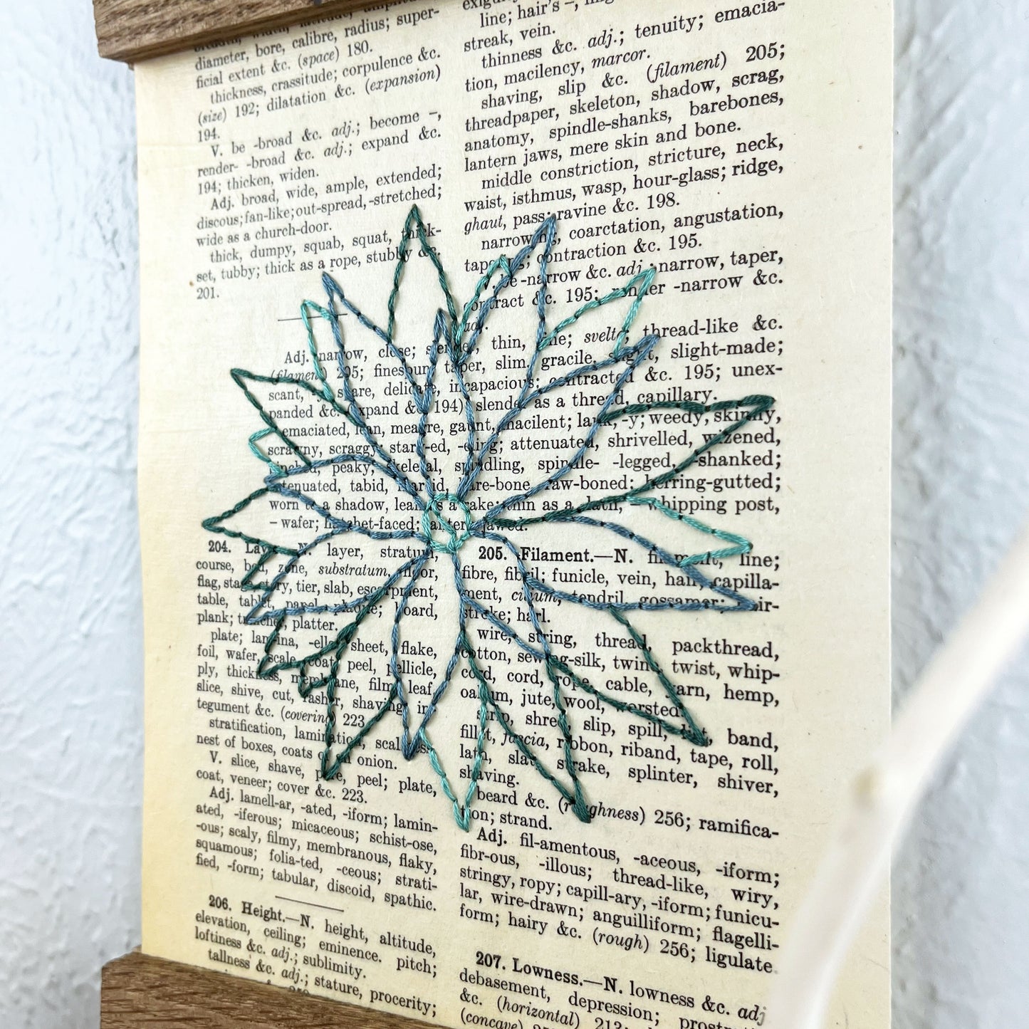 a vintage thesaurus page in a magnetic wood frame hanging on a wall, the book page is hand embroidered in green colored thread with an agave plant