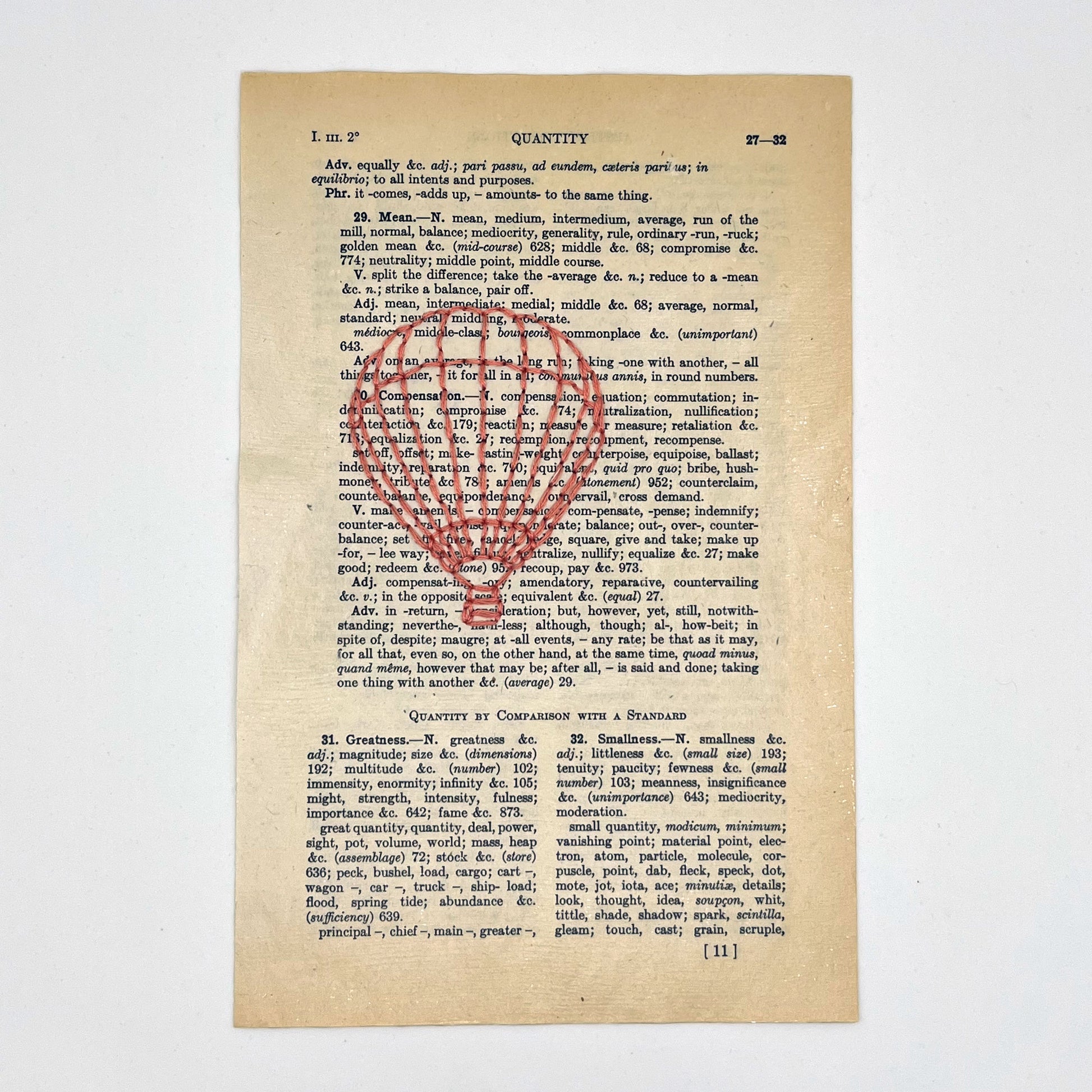 a vintage thesaurus page, hand stitched over with an outline of a hot air balloon in coral thread on a white background