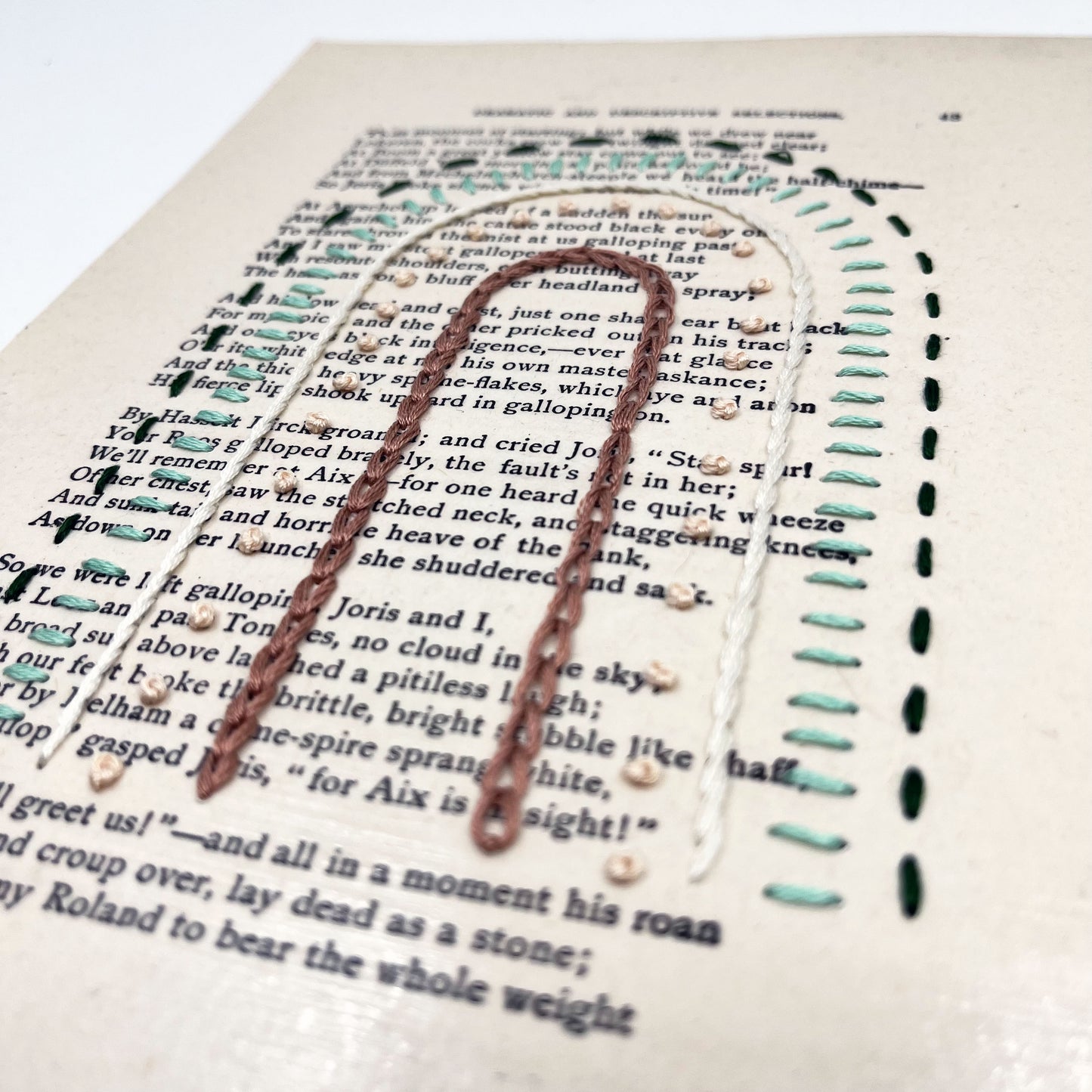 close up angled view of a vintage book page, embroidered with a rainbow of mauve, peach, ivory and greens in different types of embroidery stitches, on a white background