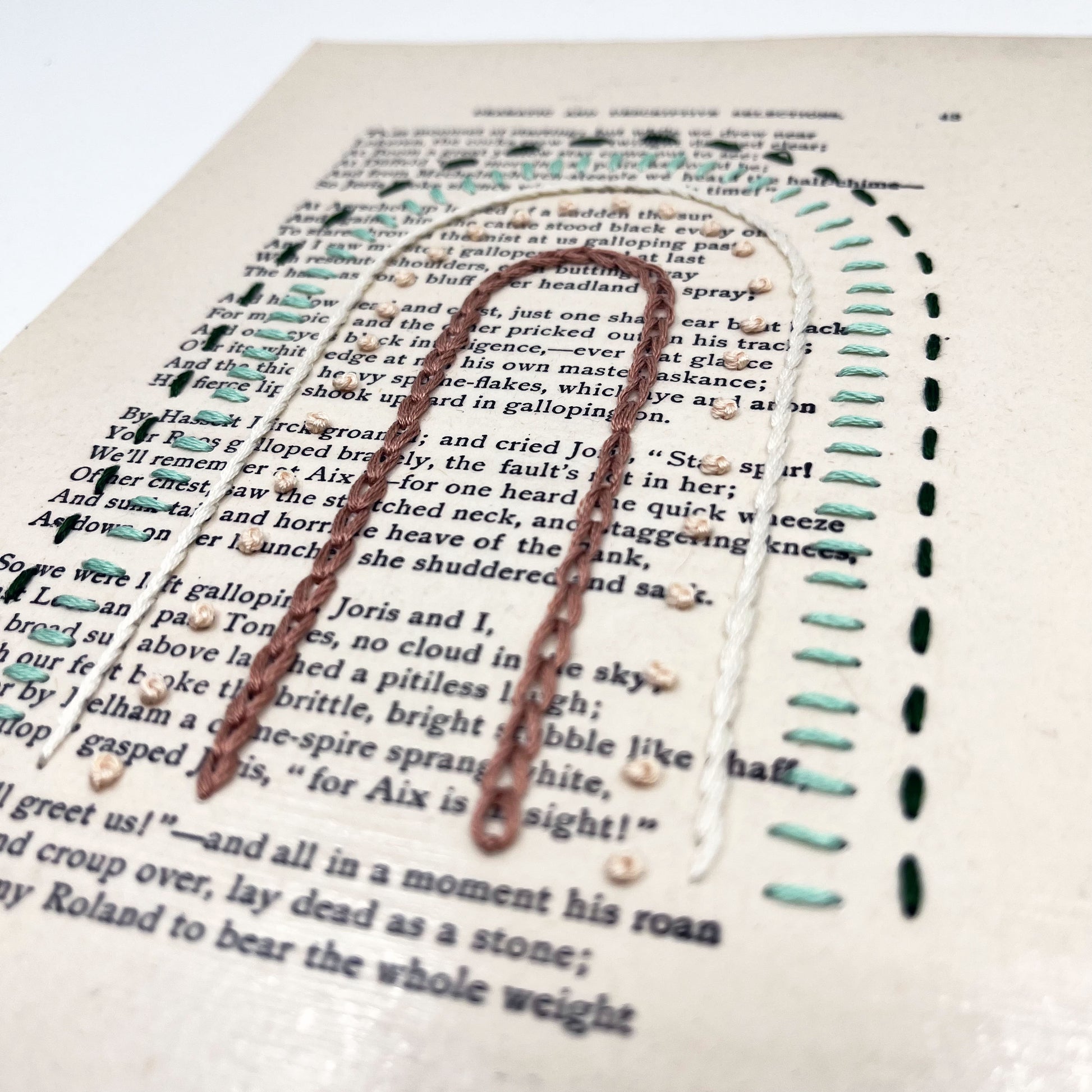 close up angled view of a vintage book page, embroidered with a rainbow of mauve, peach, ivory and greens in different types of embroidery stitches, on a white background