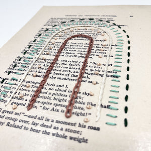 Wall Hanging- Vintage Book Page with Hand Embroidered Rainbow