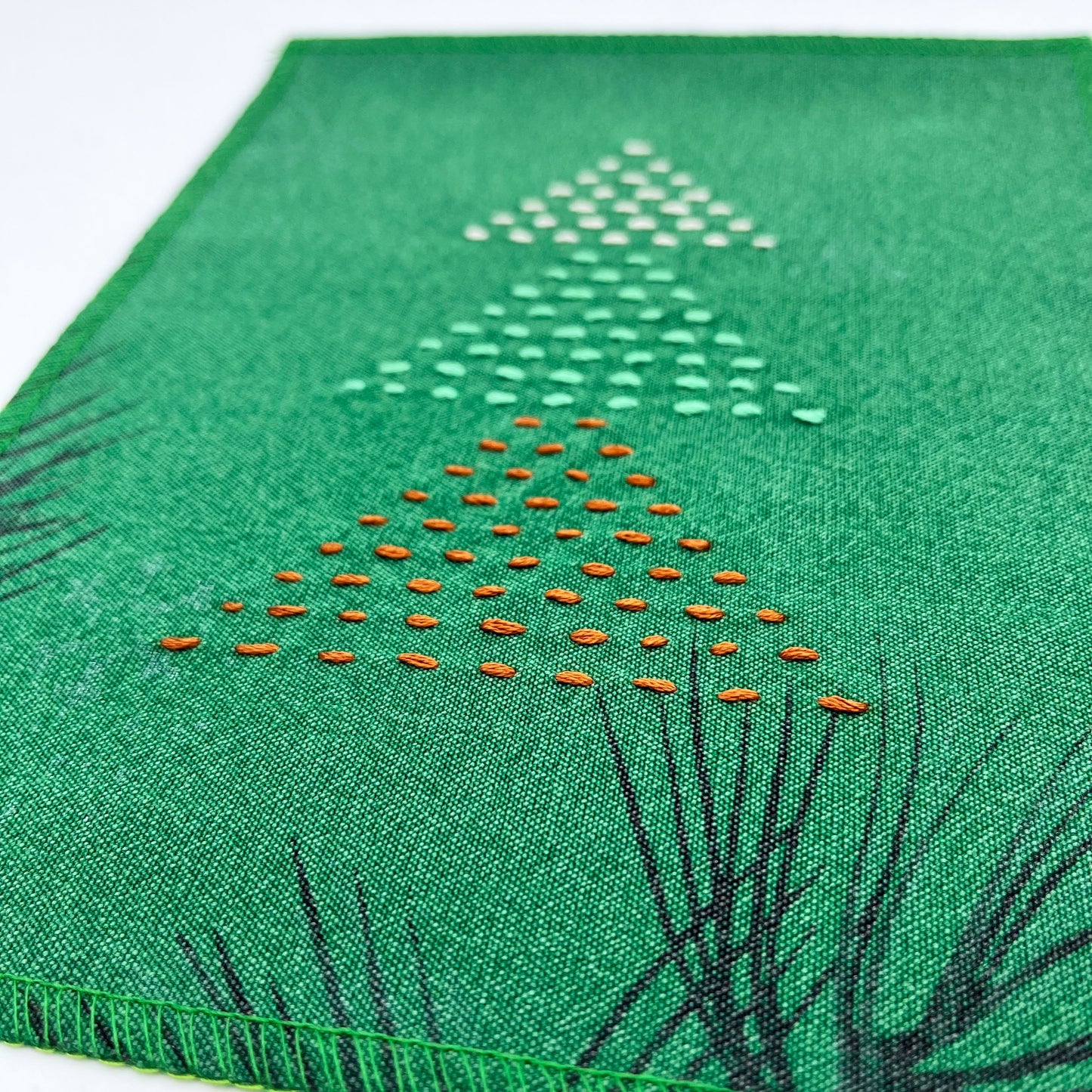 a close up view of a fabric wall hanging made from bright green fabric with pine branches printed on it, and stitched over with Christmas trees made from three triangles, each triangle made from running stitches in red green and peach