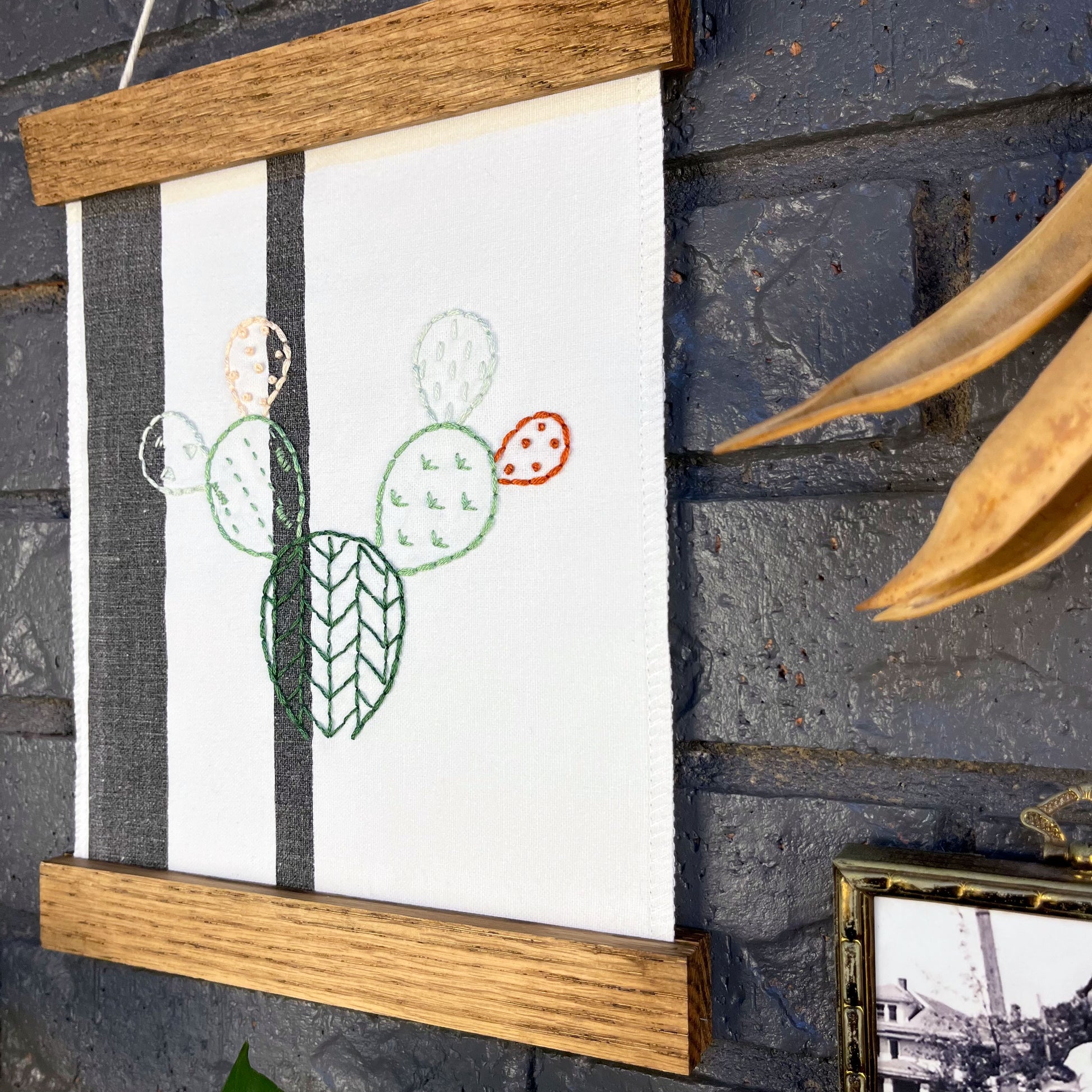prickly pear cactus wall art Prickly Pear Cactus Wall Hanging (Double Stripe)- Hand Embroidered Rep – Scattered Light Stitchery
