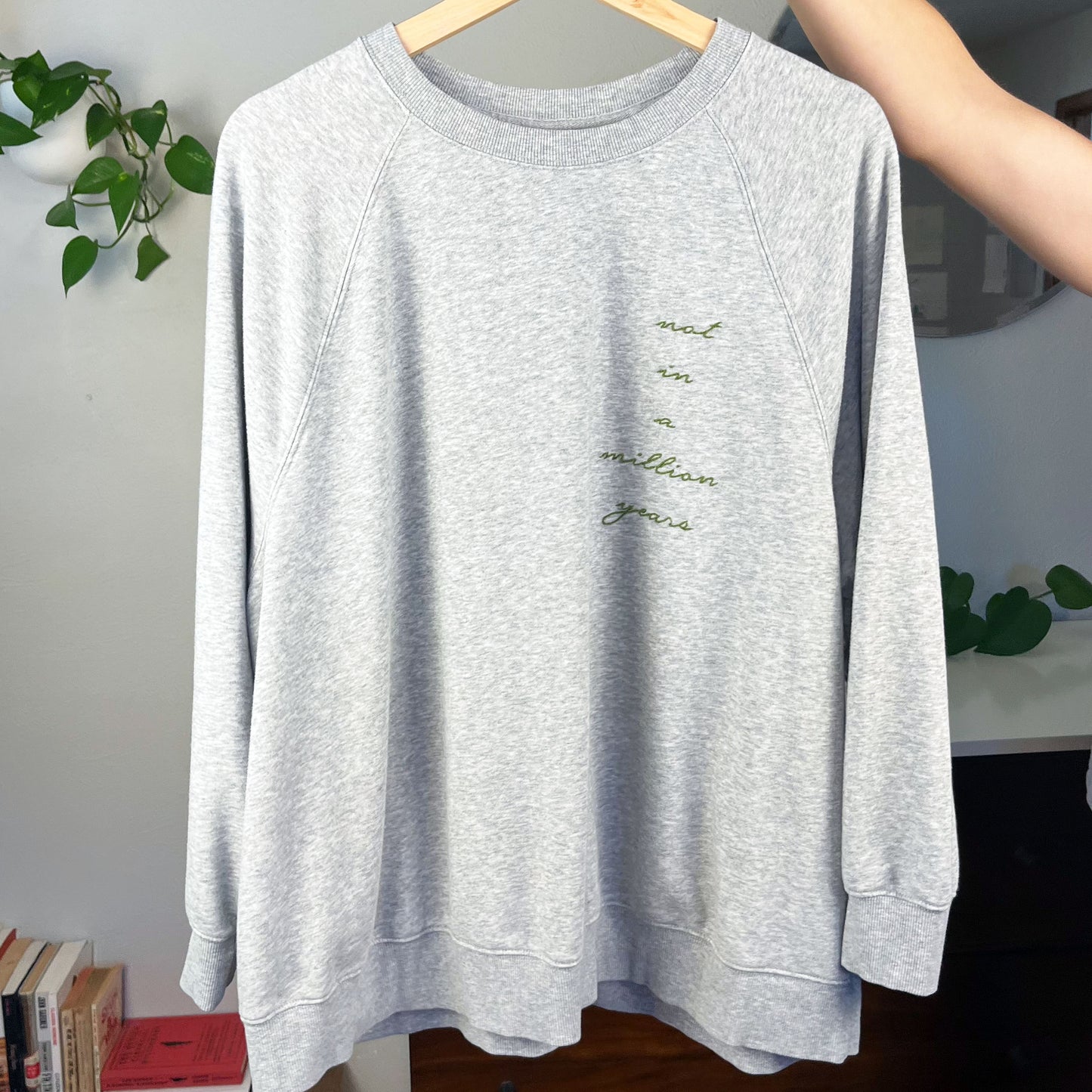 a grey raglan sweatshirt with the words not in a million years hand embroidered in pine green down the wearers left side hanging on a hanger