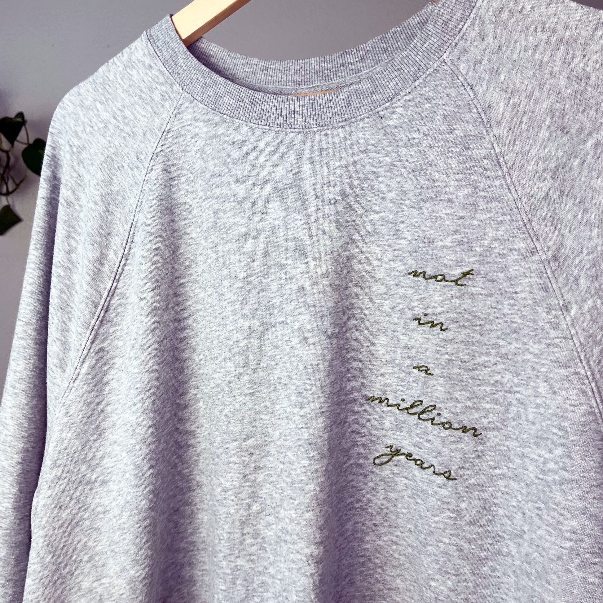 a grey raglan sweatshirt with the words not in a million years hand embroidered in pine green down the wearers left side hanging on a hanger