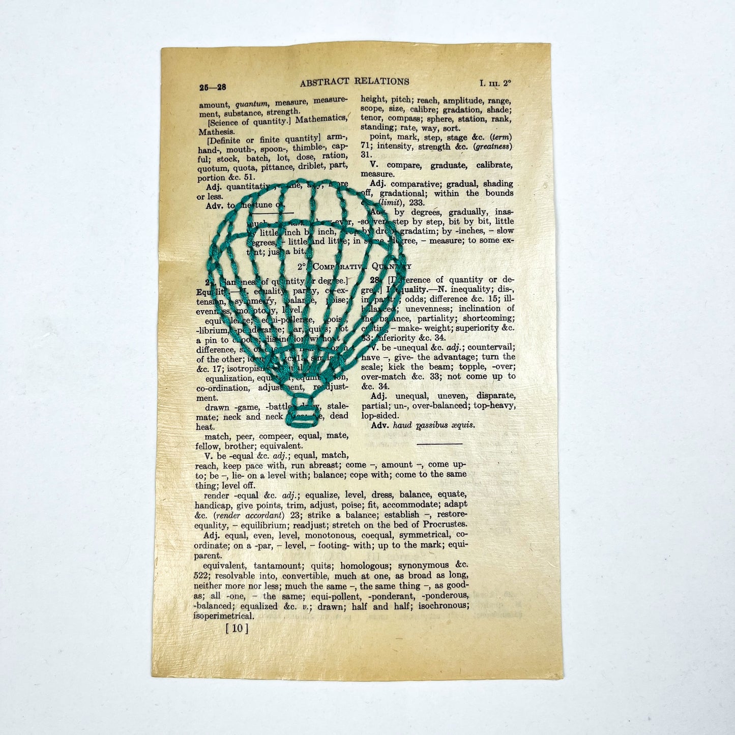 a vintage thesaurus page, hand stitched over with an outline of a hot air balloon in teal thread on a white background