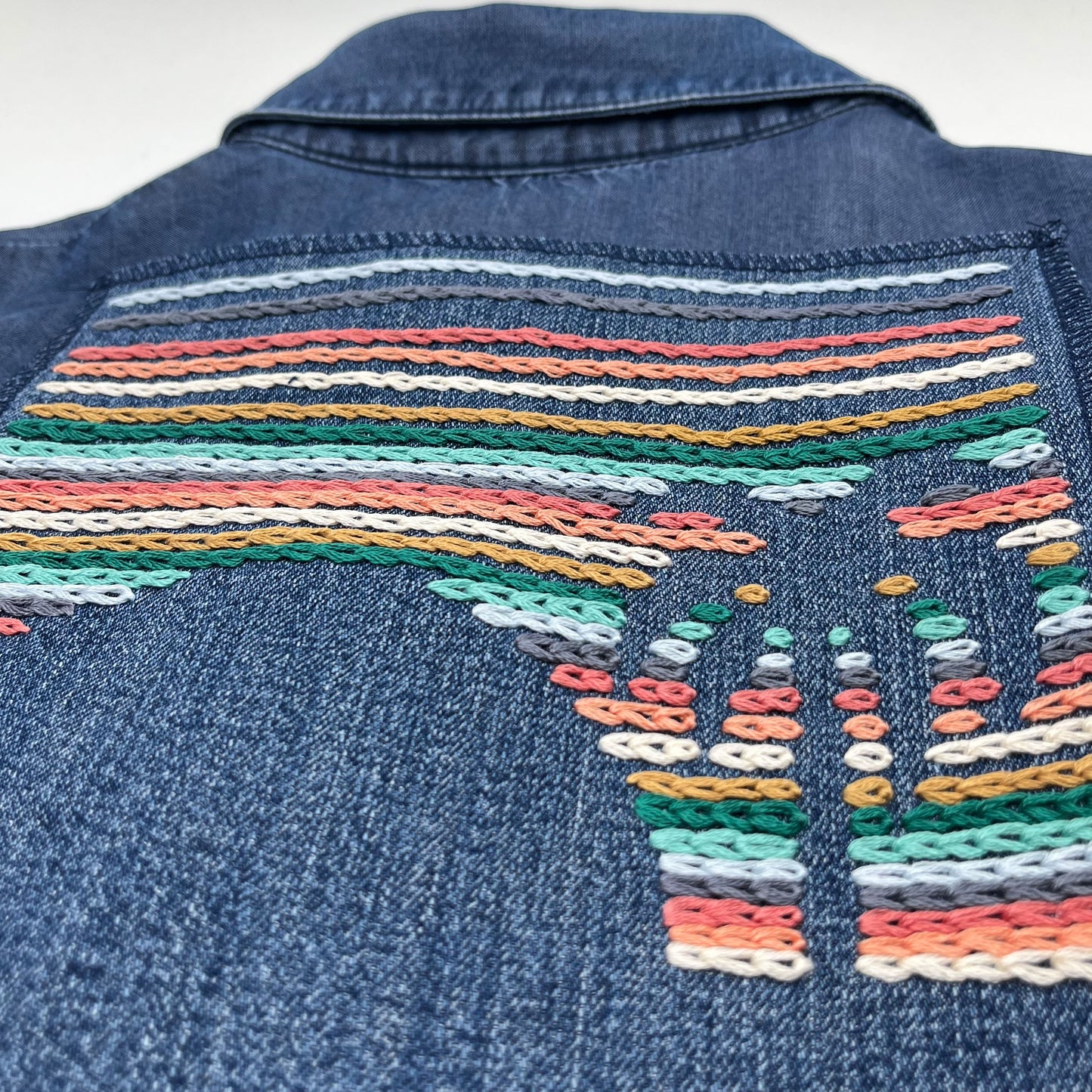 a large square denim patch, hand stitched with rows of chainstitch, with negative space showing the shapes of a palm tree next to a setting sun, with peach, coral, grey, light blue, seafoam green and mustard colored thread, on the back of a denim top
