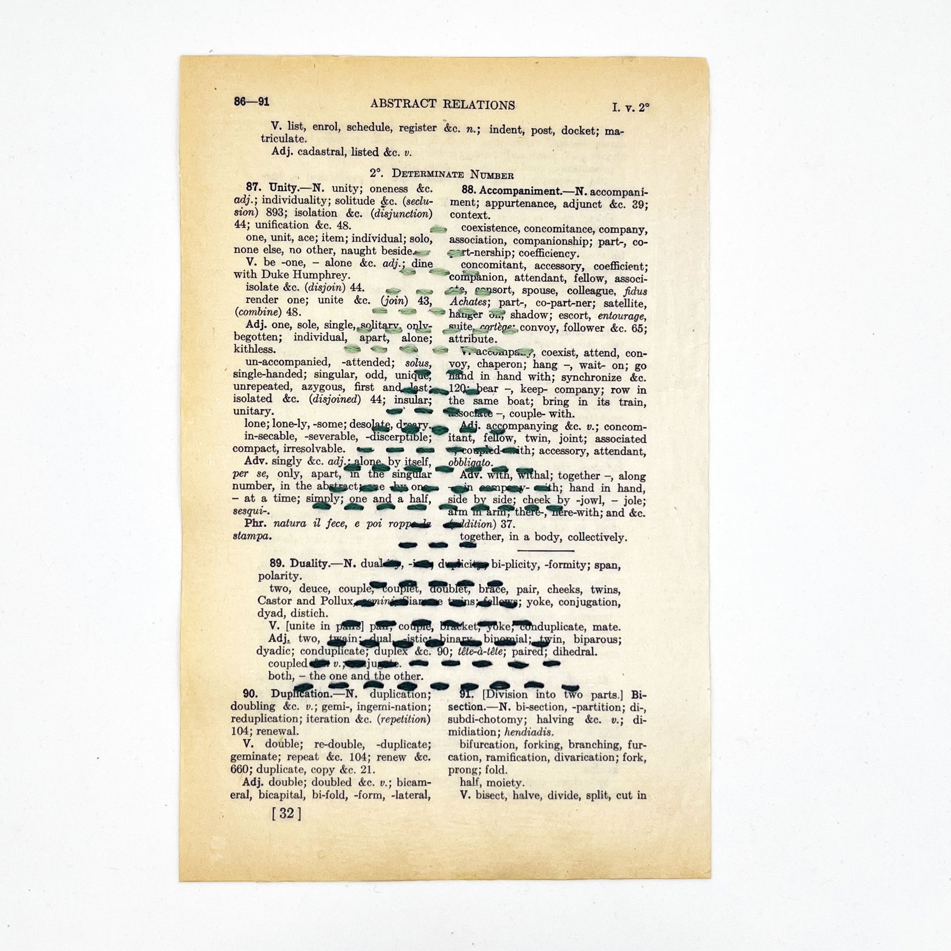 a vintage thesaurus page, embroidered with the shape of a Christmas tree made from running stitches in shades of pine green thread, grouped in three triangles to form the tree shape, on a white background