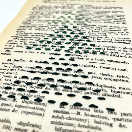 a close up angled view of a vintage thesaurus page, embroidered with the shape of a Christmas tree made from running stitches in shades of pine green thread, grouped in three triangles to form the tree shape, on a white background