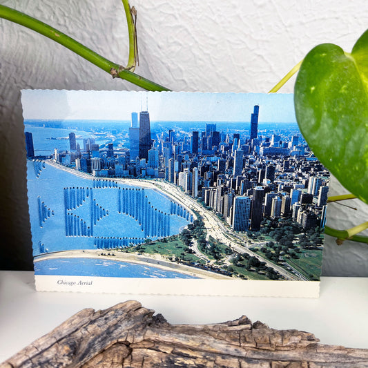 an old postcard of the Chicago skyline along Lake Michigan, with part of the lake hand embroidered over with an abstract partial circle design in blue, the postcard has a plant vine behind it, and twigs on the counter in front of it