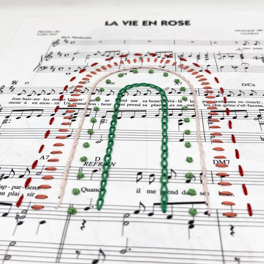 Wall Hanging- "La Vie en rose" Sheet Music with Hand Embroidered Rainbow