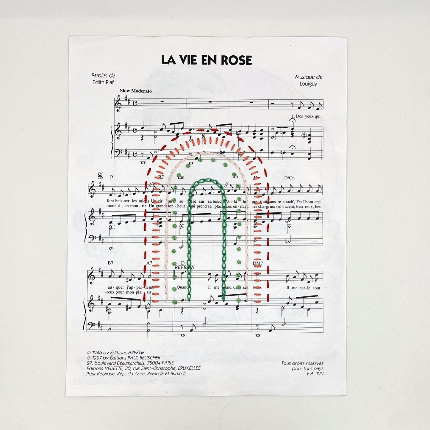 Wall Hanging- "La Vie en rose" Sheet Music with Hand Embroidered Rainbow