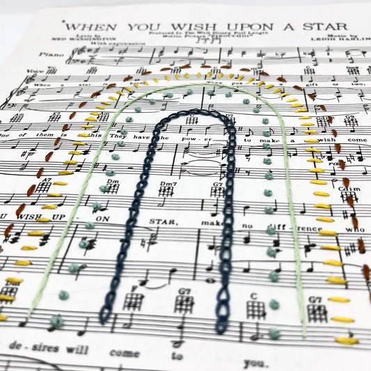 Wall Hanging- "When You Wish Upon a Star" Sheet Music with Hand Embroidered Rainbow