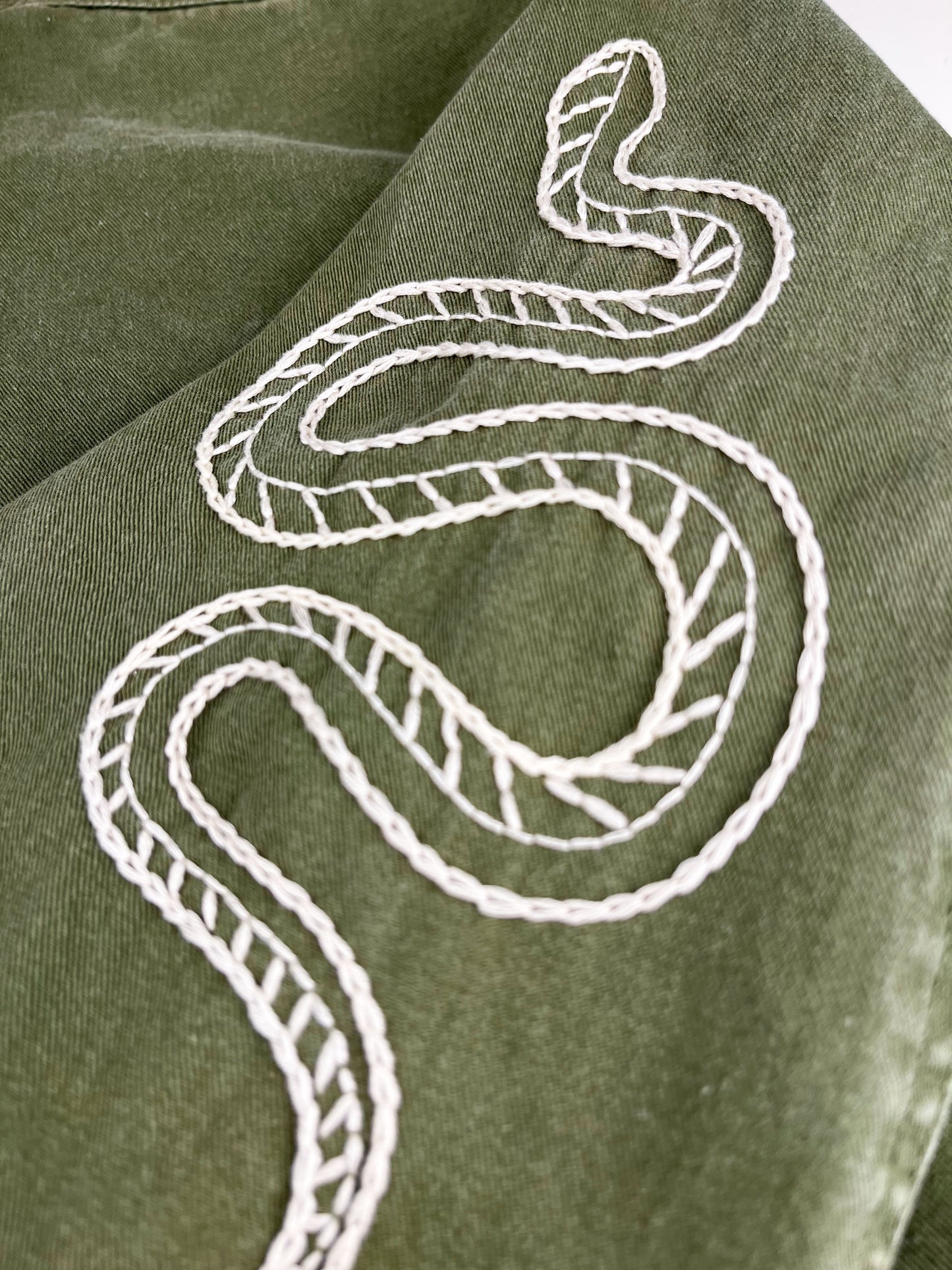 close view of a hand embroidered snake on the sleeve of a long oversized olive green jacket on a white counter
