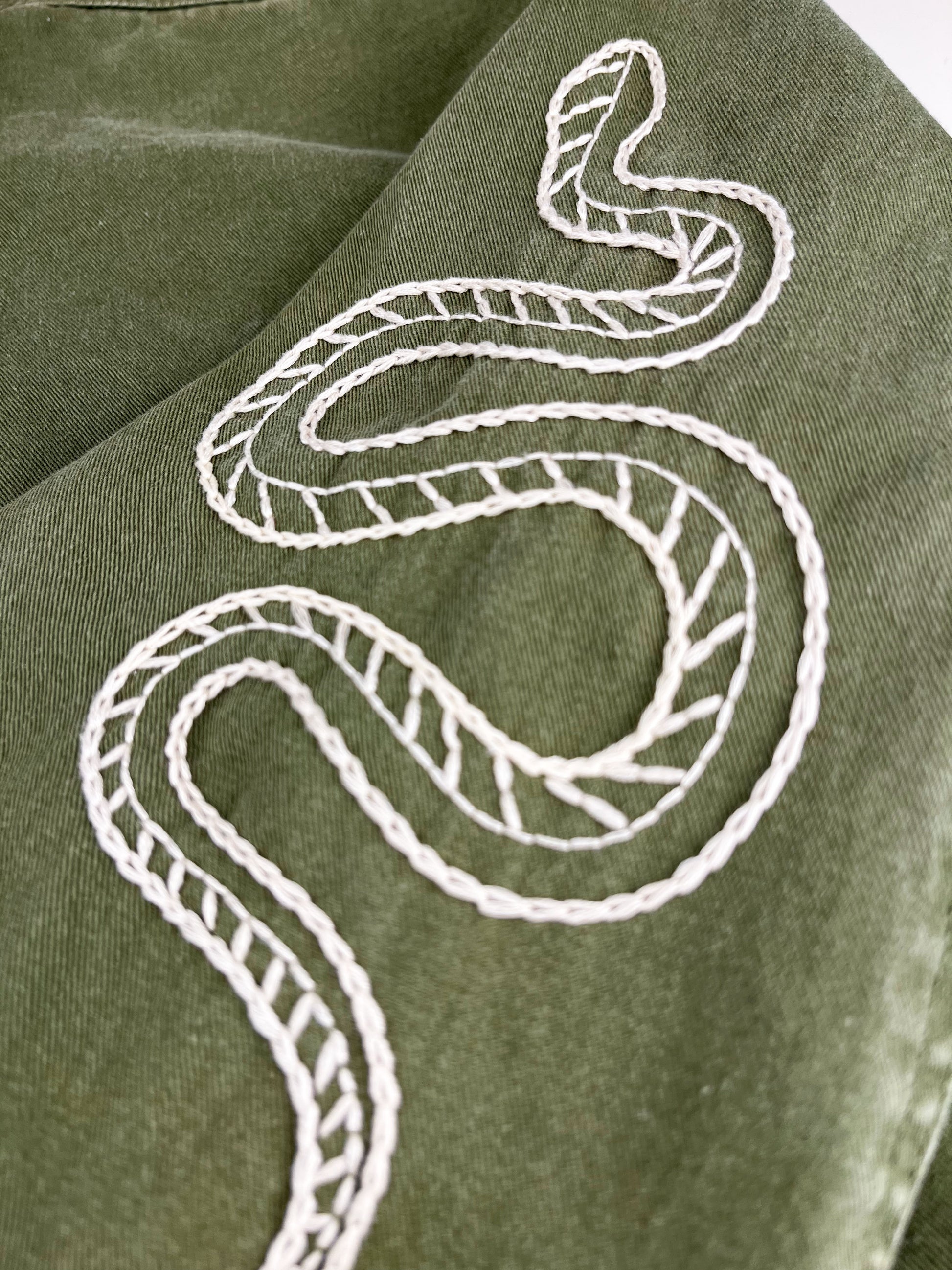 close view of a hand embroidered snake on the sleeve of a long oversized olive green jacket on a white counter