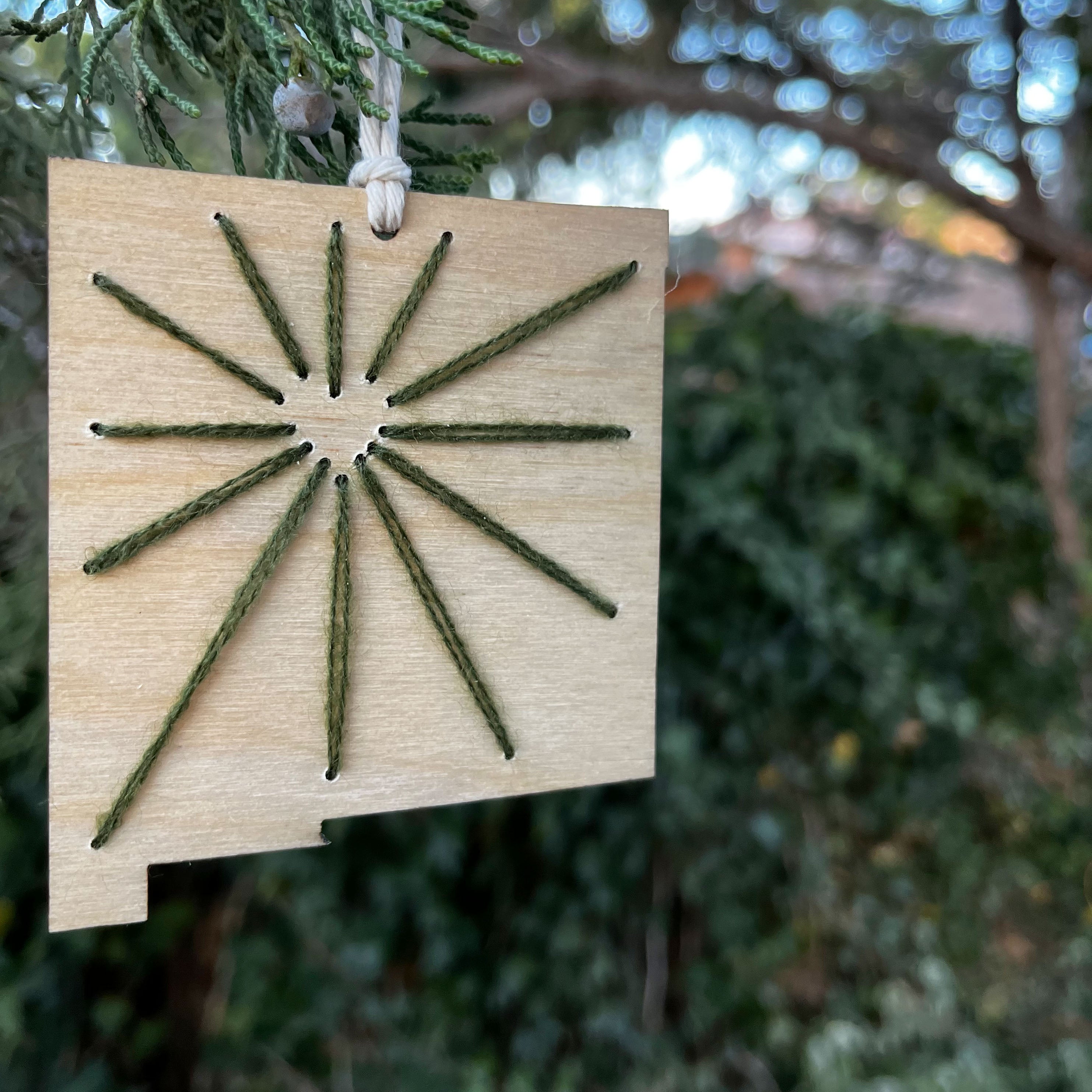 Hand Embroidered Wood New Mexico Ornament- Heart Beams