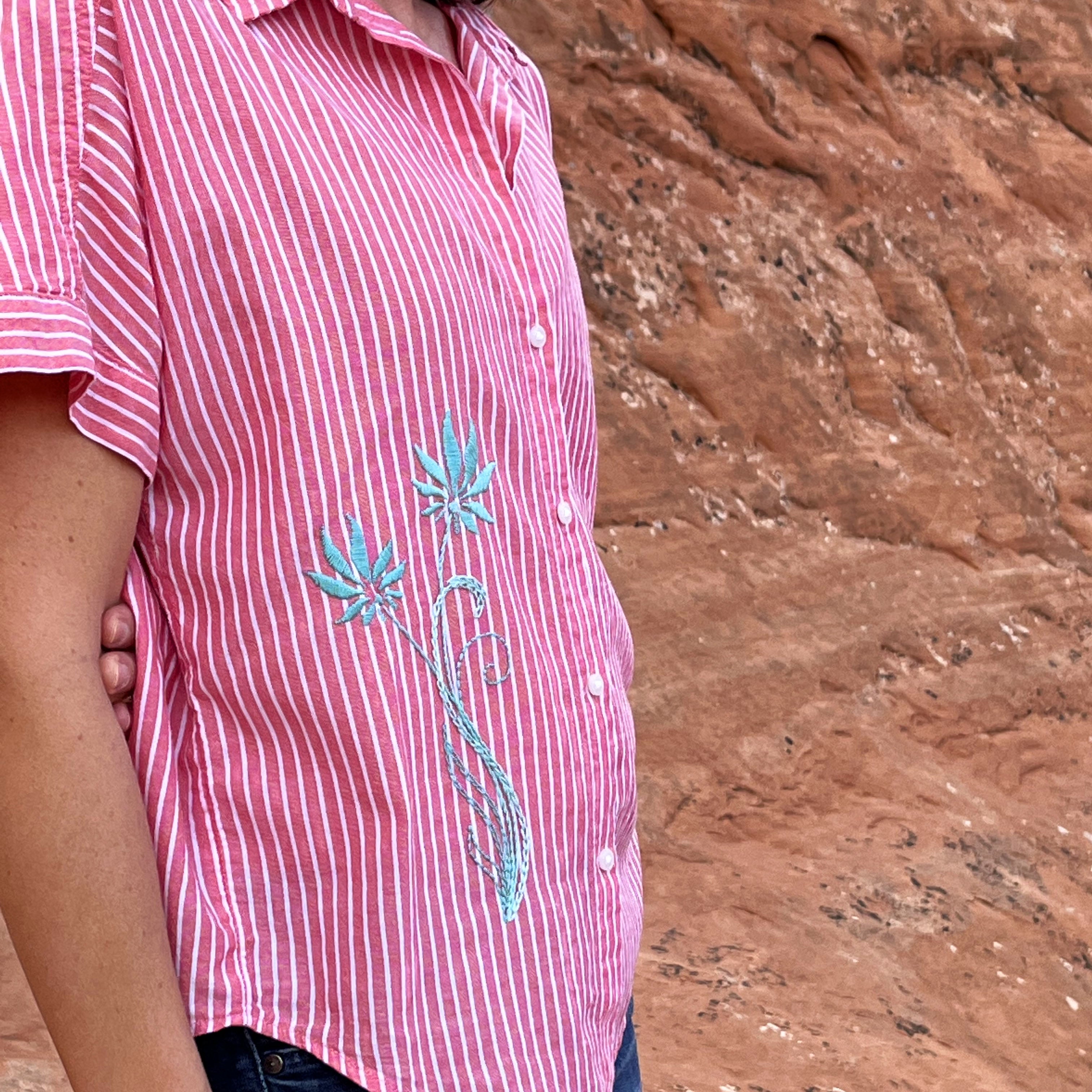 Short Sleeve Red and White Button-up with Long Aqua Flowers